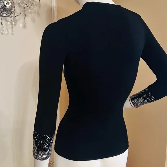 KIKIRIKI Black Long-Sleeve Crewneck Top with Crystal-Embellished Cuffs size S - Picture 11 of 15